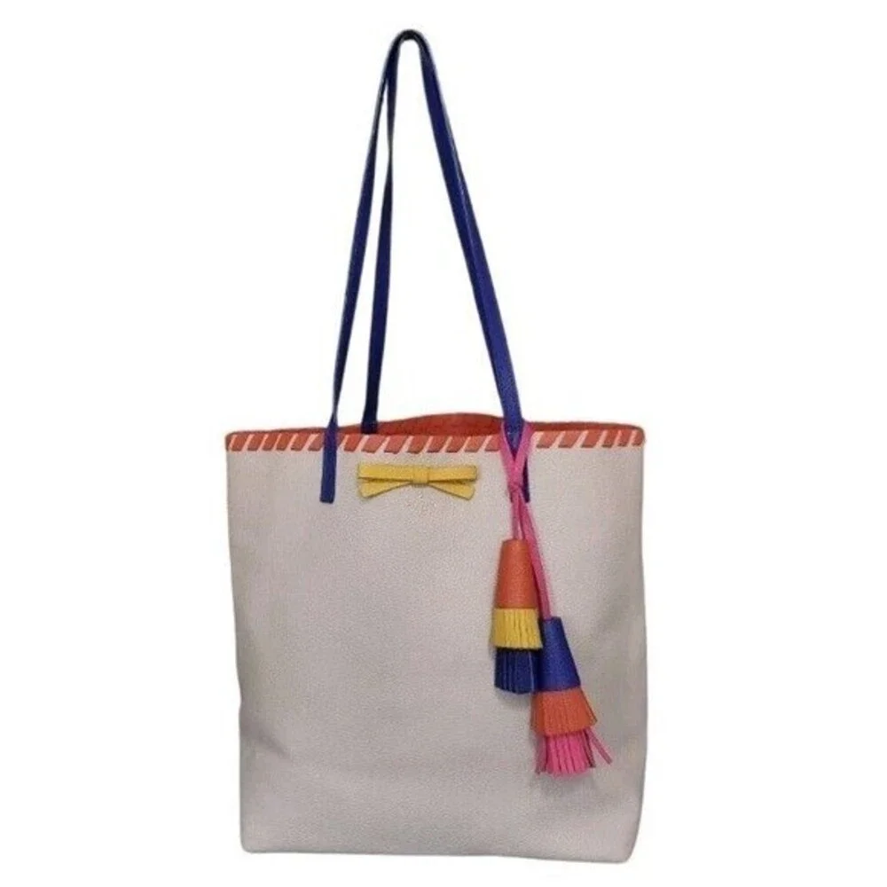 Kate Spade New York‎ Beige Pebbled Leather Tote Bag Multi Color Tassel Bow Trim